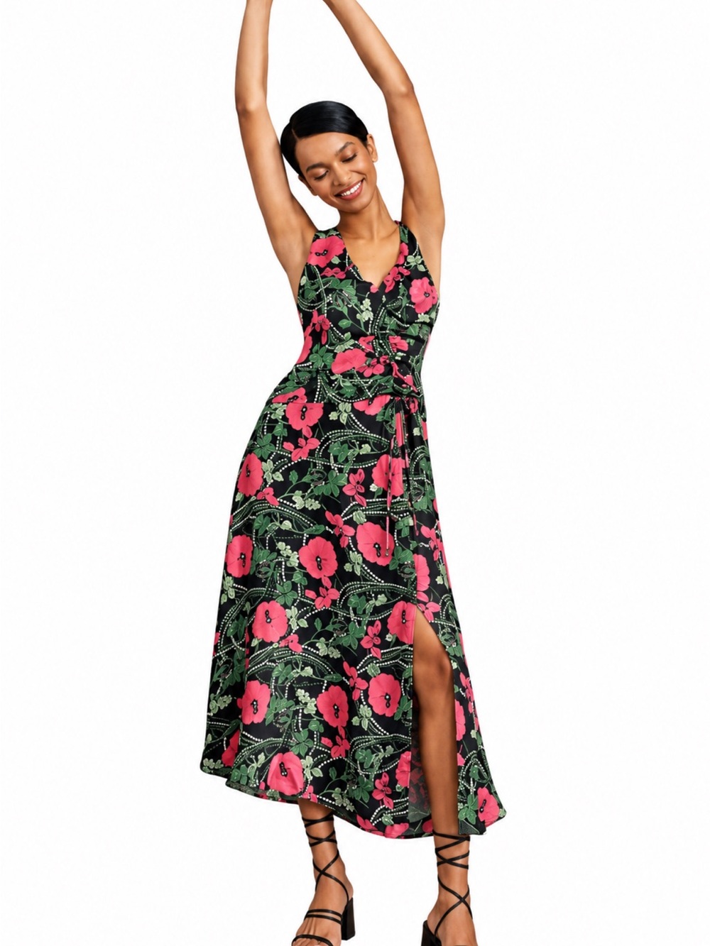 Anthropologie Maeve Black Ruched Maxi Dress with Pink Floral Print
